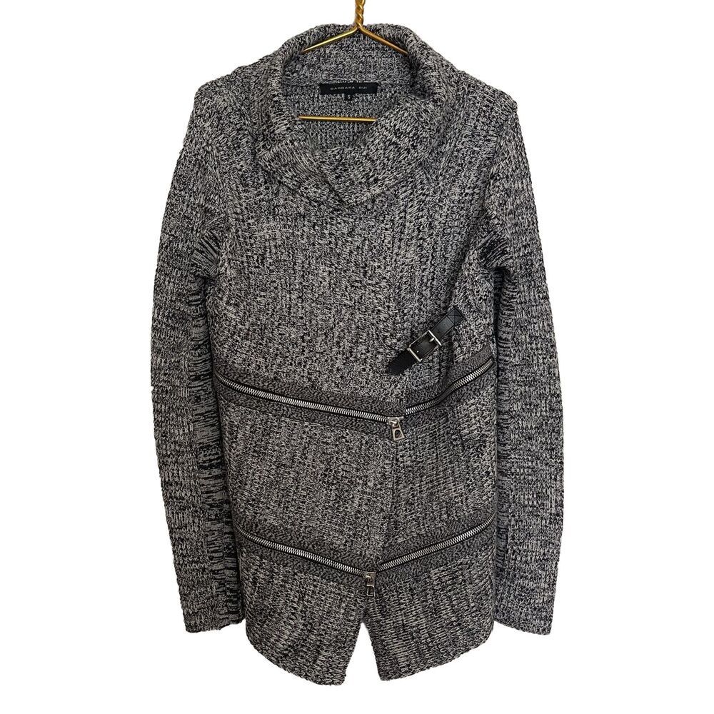 Barbara Bui Tweed Black White Sweater Jacket Zippers Buckles Wool Size Small